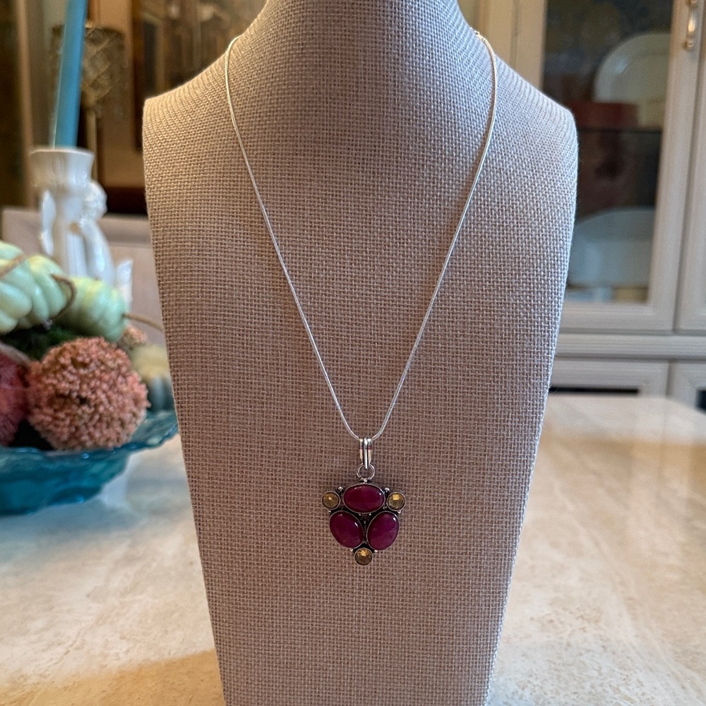 Sterling Silver Necklace with Ruby and Faceted Citrine Accents.
